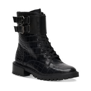 Vince Camuto Fawdry Buckle Combat Boots Black Croc Size 6